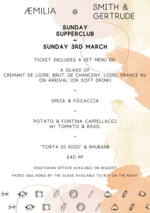 Aemilia Sunday Supper club @ Smith & Gertrude PORTOBELLO Sunday 3rd March 2024
